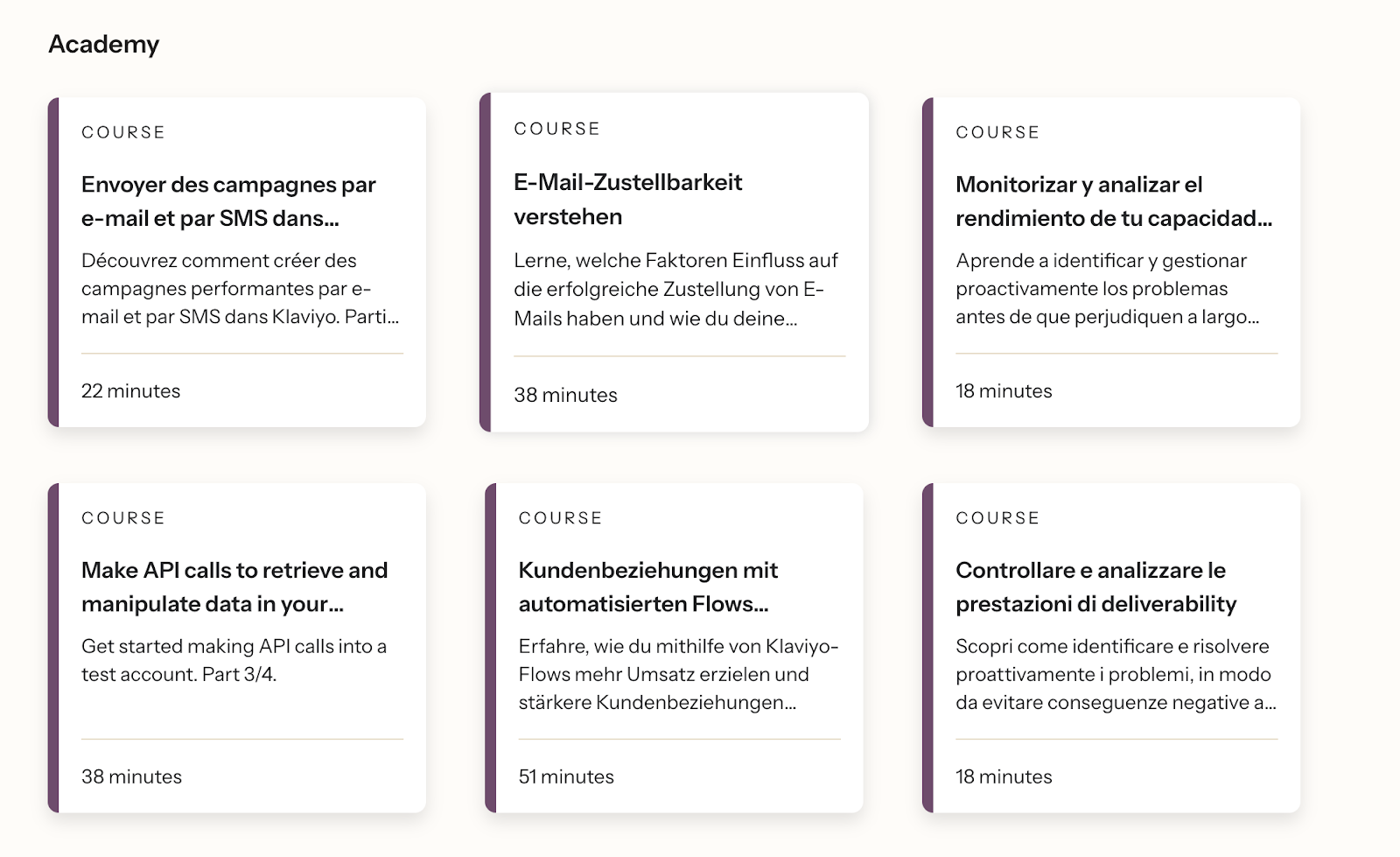 Screenshot showing six Klaviyo Academy courses in multiple languages.