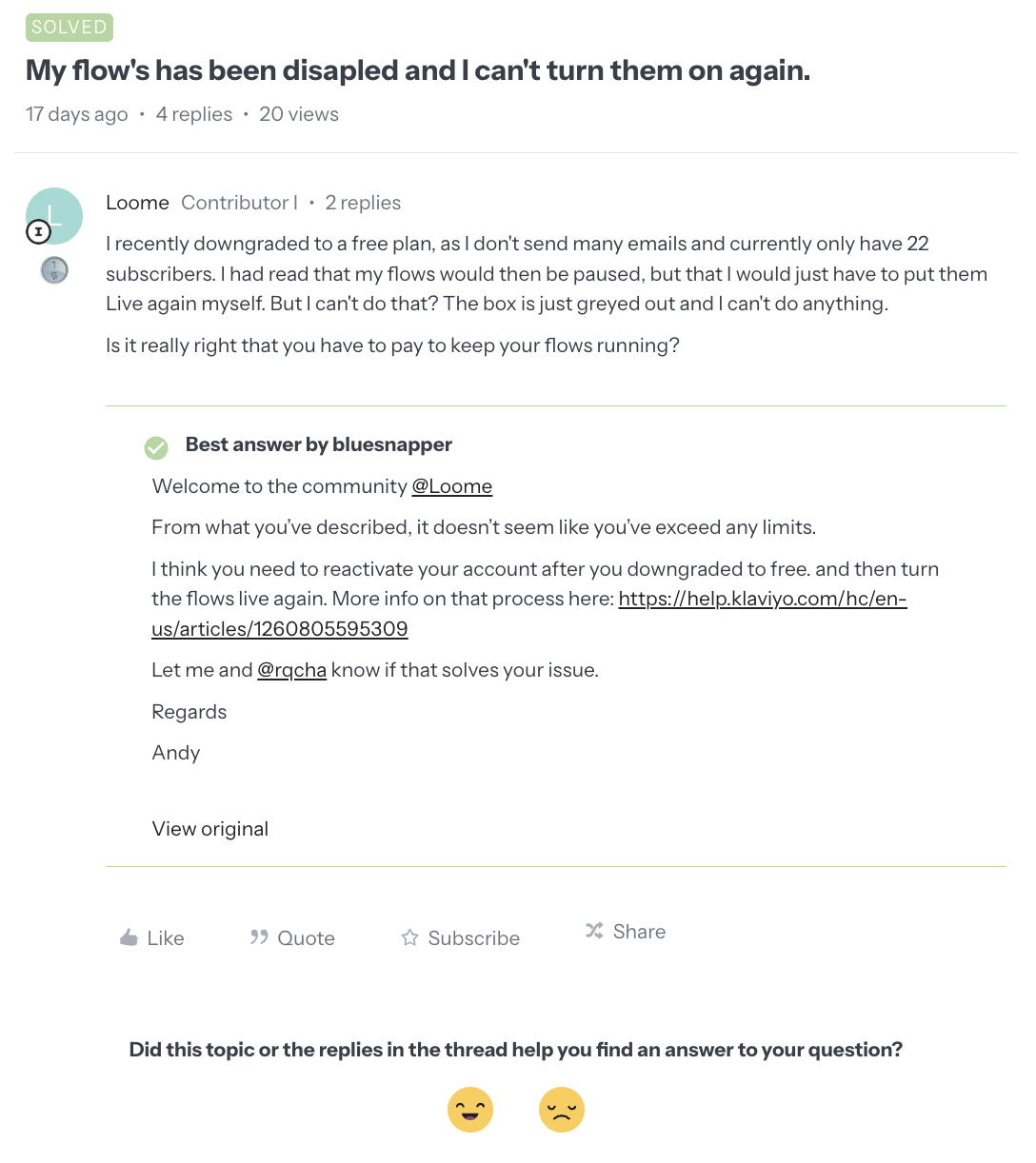 Screenshot of a user posted support thread in the Klaviyo Community.