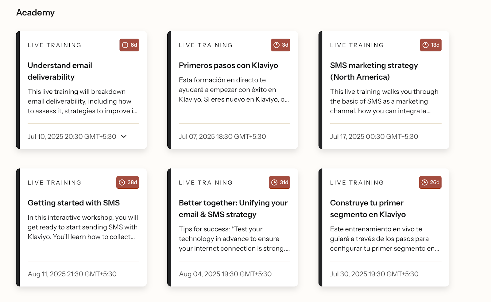 Screenshot of upcoming live training sessions in Klaviyo Academy.