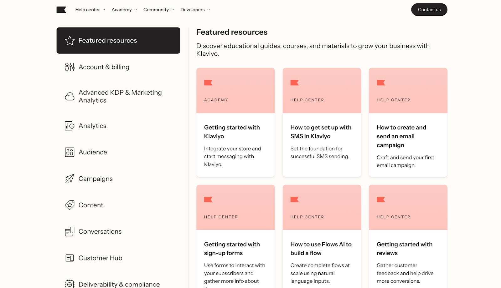 Screenshot of the Klaviyo Help Center landing page