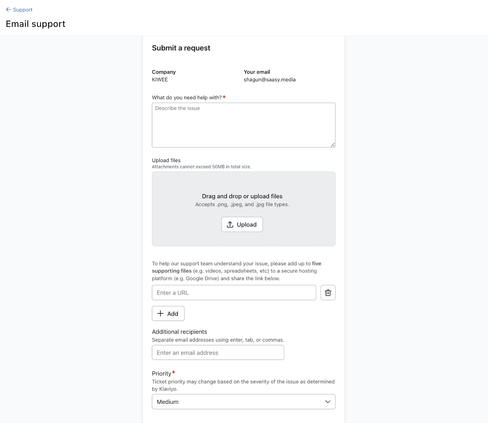 Screenshot of the email support form in Klaviyo. Includes fields for issue description, file uploads, priority selection, and additional recipients.