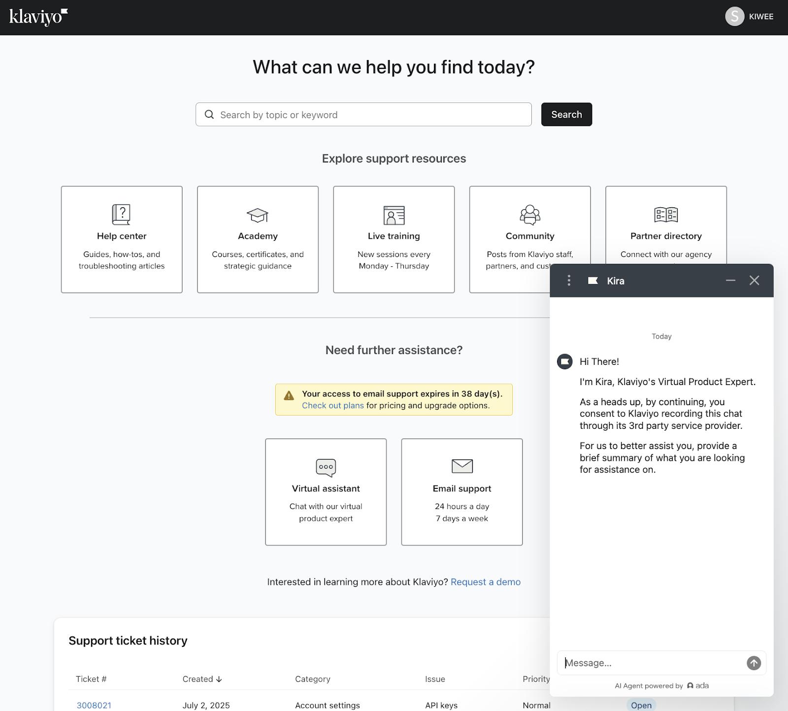 Screenshot of Klaviyo’s support page with the virtual assistant chat window open.