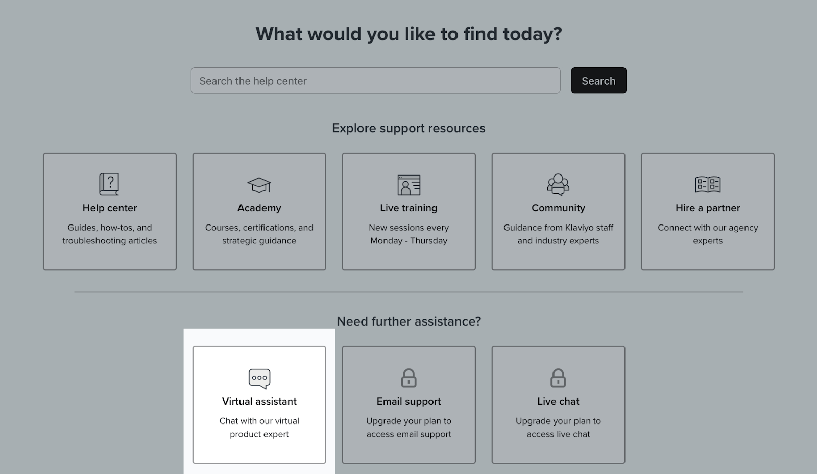Screenshot of Klaviyo support page with Virtual Assistant highlighted.