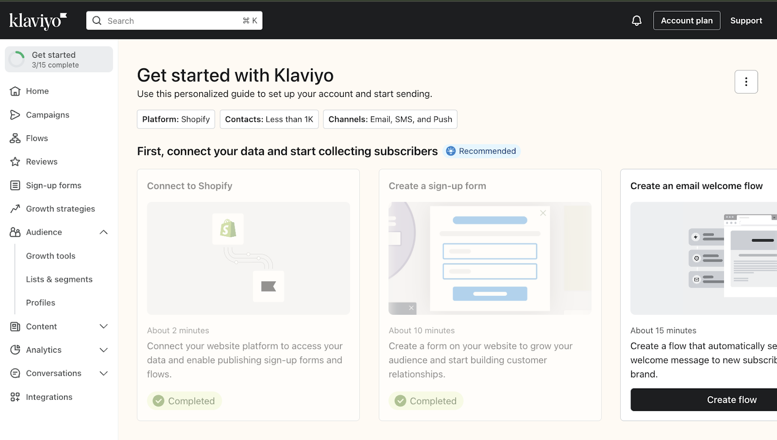 Screenshot of the Klaviyo “Get started” dashboard with steps to connect Shopify, create a sign-up form, and launch a welcome flow.