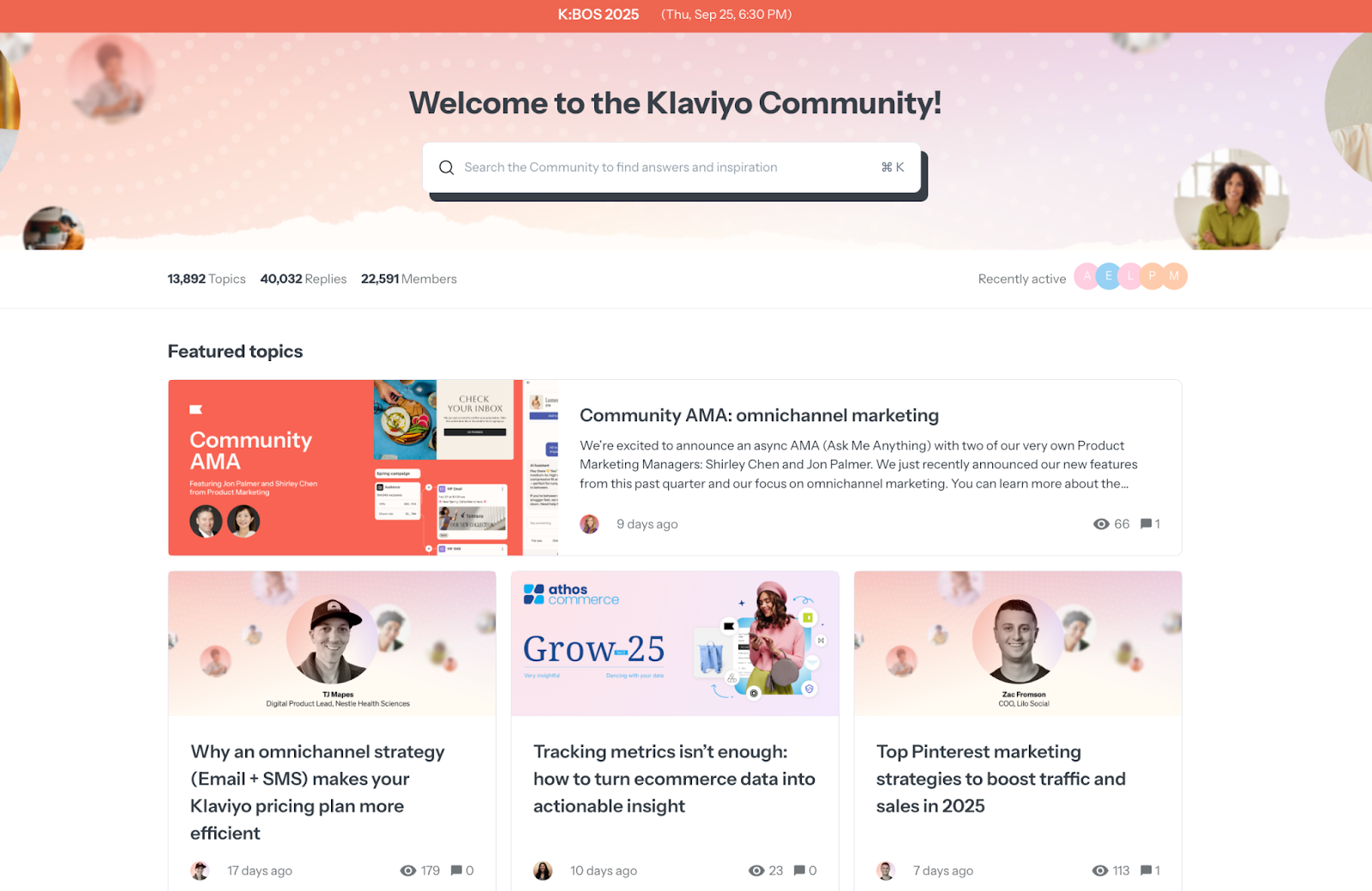 Screenshot of the Klaviyo Community homepage.