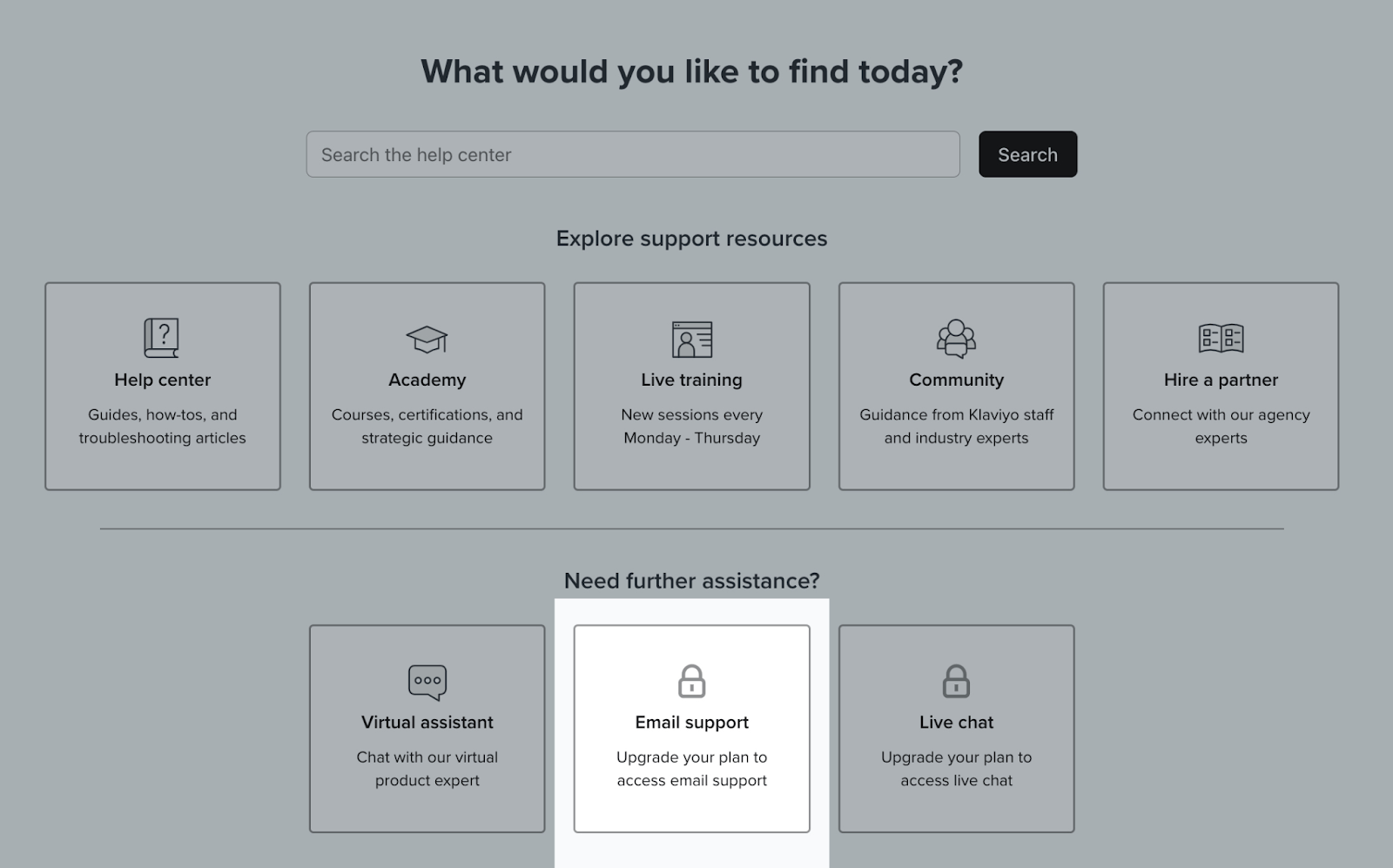 Screenshot from Klaviyo’s support resource page with Email support highlighted
