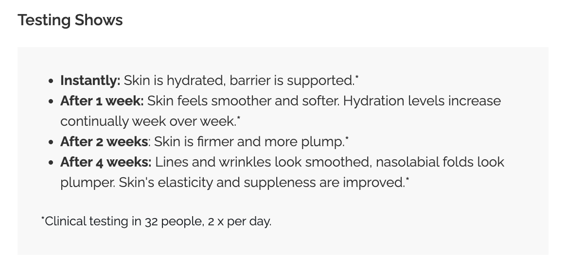 Product performance breakdown from The Ordinary showing skincare improvements over time: skin hydration instantly, smoother texture after 1 week, firmer skin in 2 weeks, and wrinkle reduction after 4 weeks. Based on clinical testing in 32 people, twice daily.