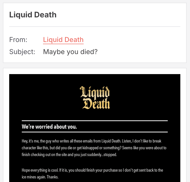 abandoned cart email subject line example liquid death