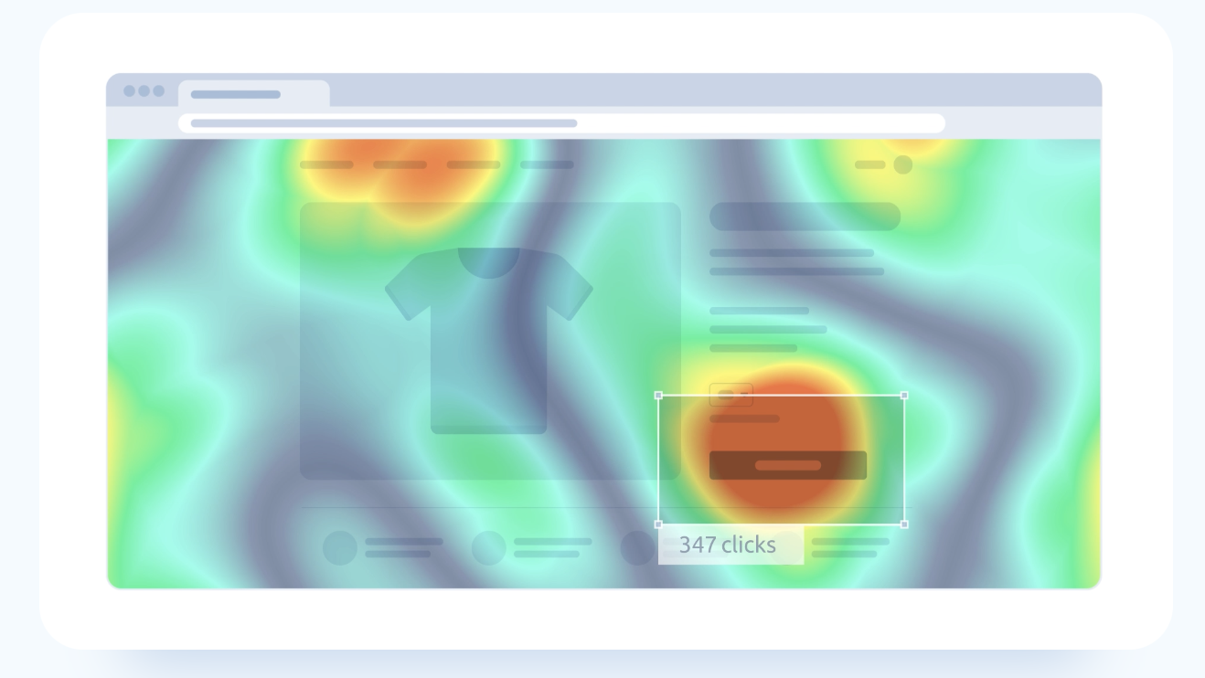 A stylized image of Smartlook's heatmap interface on a mock product page, highlighting 347 clicks on a primary CTA button.