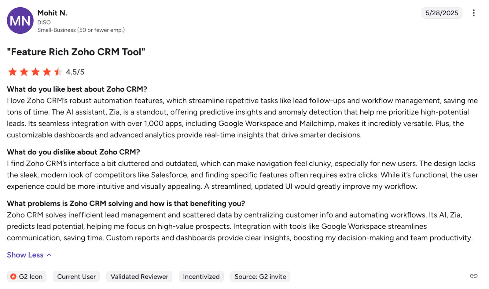 A screenshot of a product review page for "Zoho CRM." software.