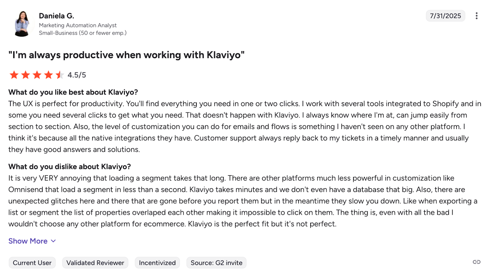 A screenshot of a product review page for "Klaviyo." software.