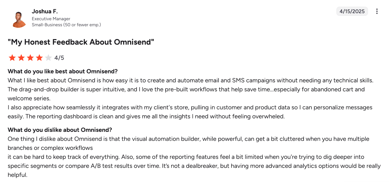 A screenshot of a product review page for "Omnisend." software.