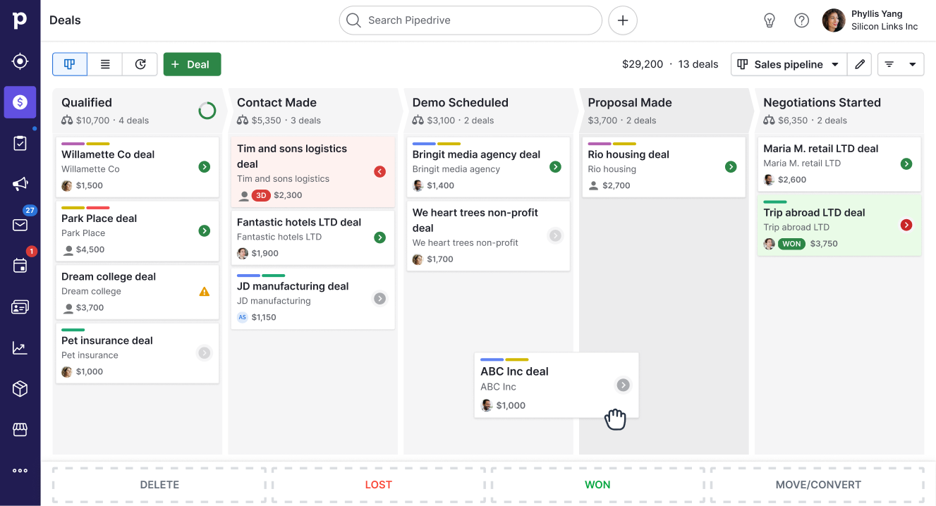 A screenshot from Pipedrive's CRM dashboard.