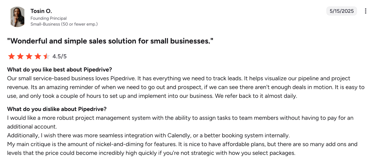 A screenshot of a product review page for "Pipedrive." software.