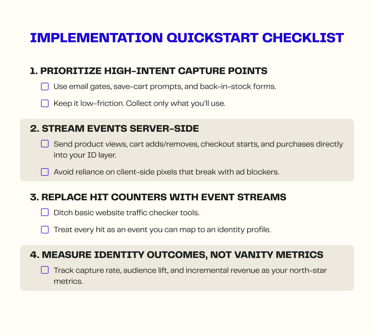 Implementation quickstart checklist