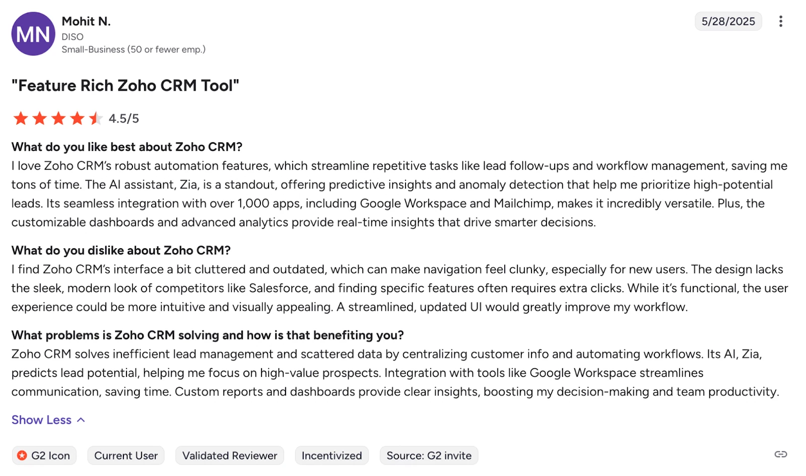 A screenshot of a product review page for "Zoho CRM." software.