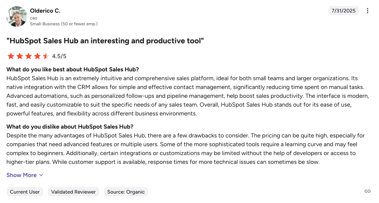 A screenshot of a product review page for "HubSpot." software.