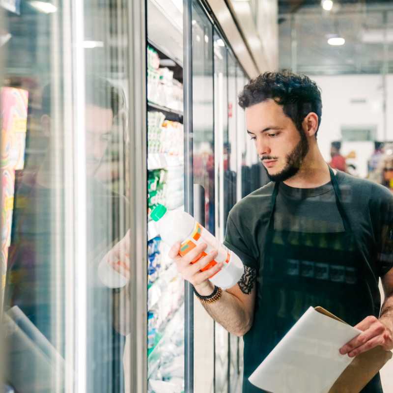 Worker checking a product in front of a supermarket refrigeration display