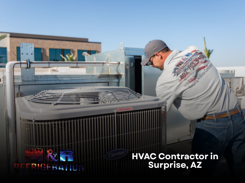 HVAC technician performing AC repair on a Carrier air conditioning unit in Surprise, AZ.
