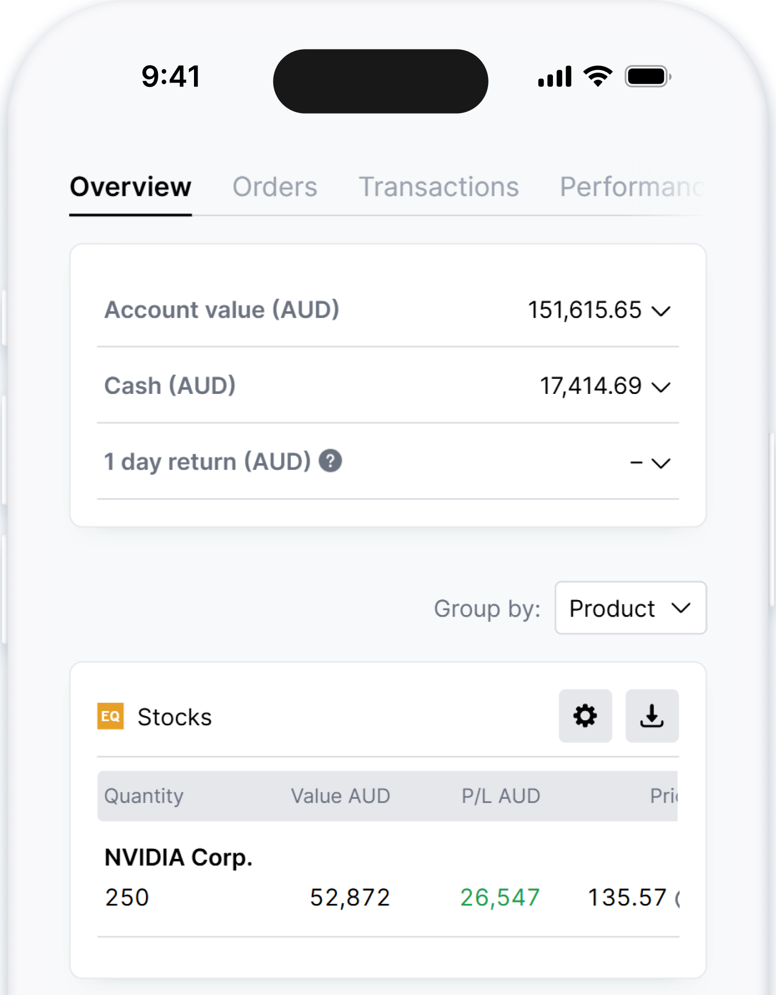 Screen showing portfolio tracking options