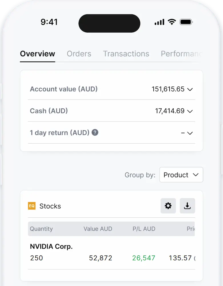 Screen showing portfolio tracking options
