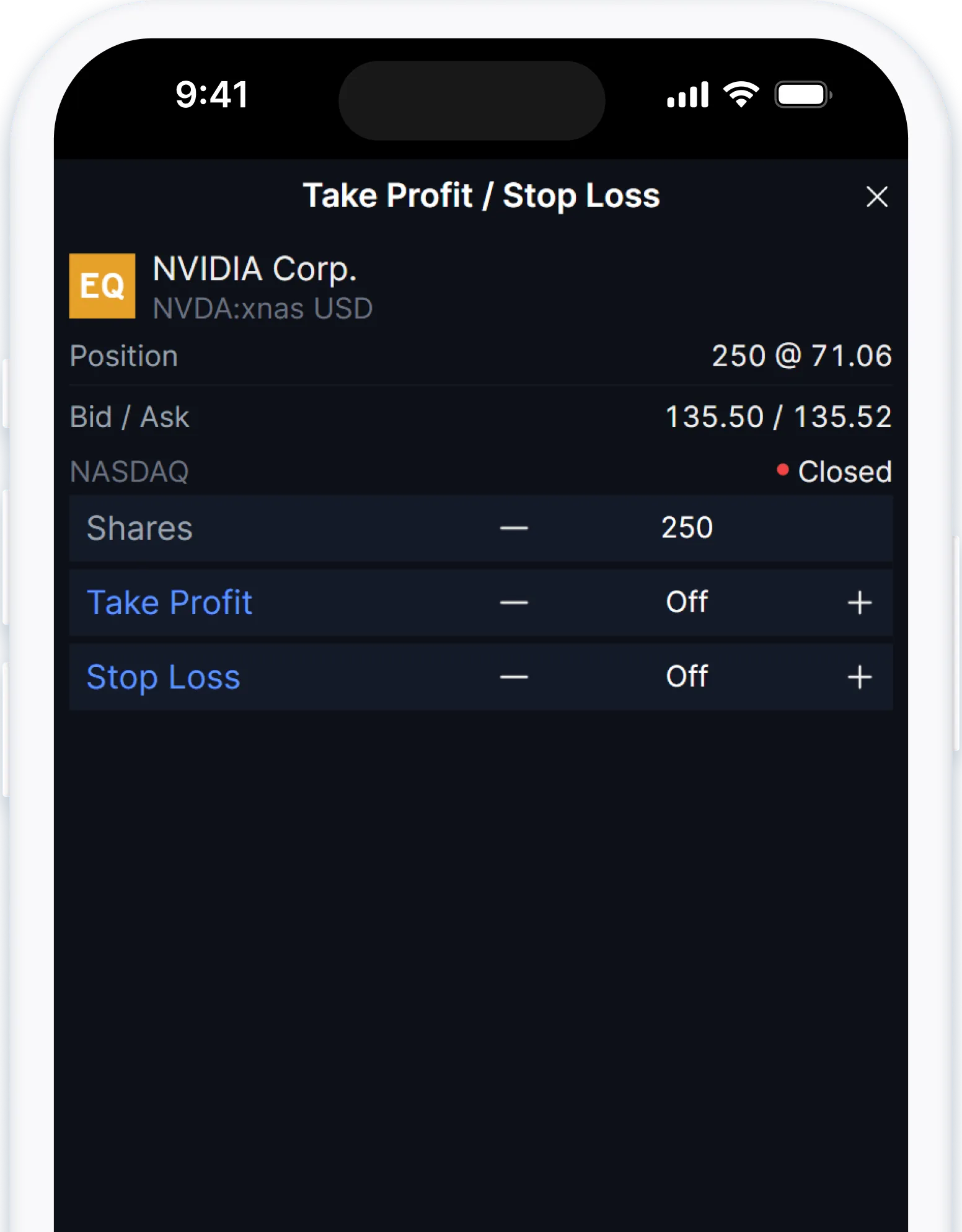 Screen showing stop loss options