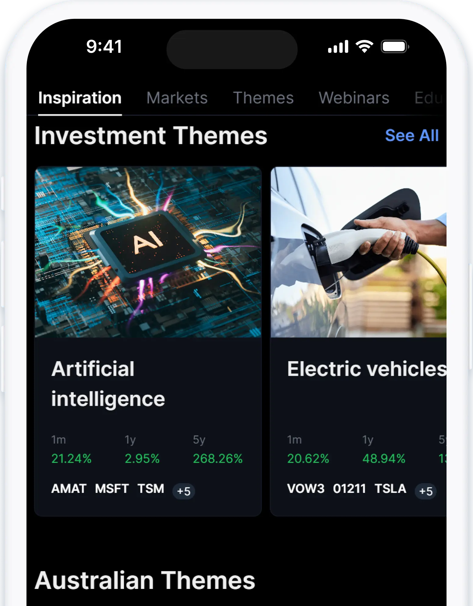Mobile screen showing curated investment themes