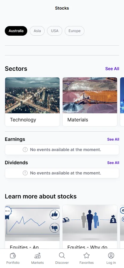 Mobile screen showing Australian market sectors, earnings and dividends updates, and stock education resources