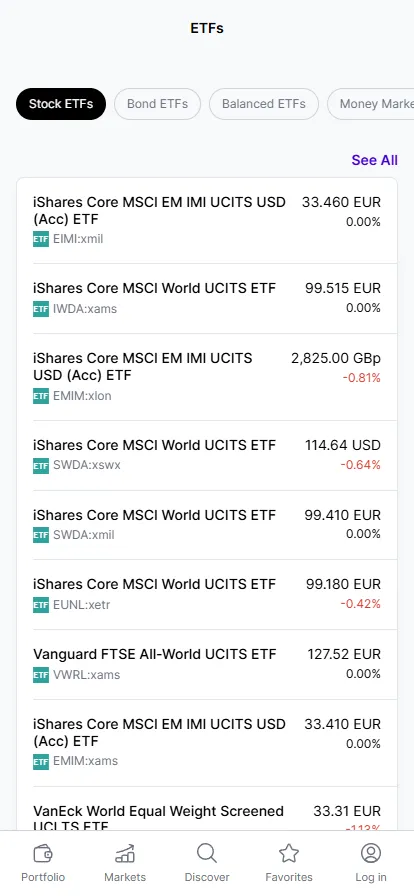 Mobile screen displaying a list of stock ETFs with names, tickers, currencies, and daily performance percentages