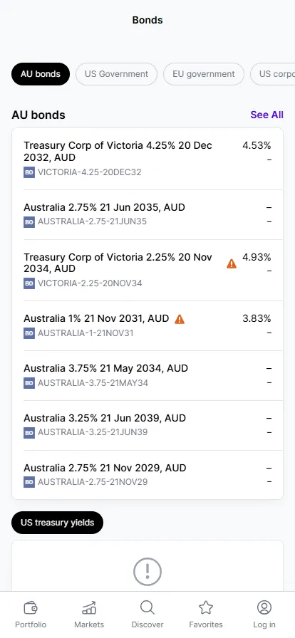Mobile screen showing a list of Australian bonds with names, interest rates, and yield percentages