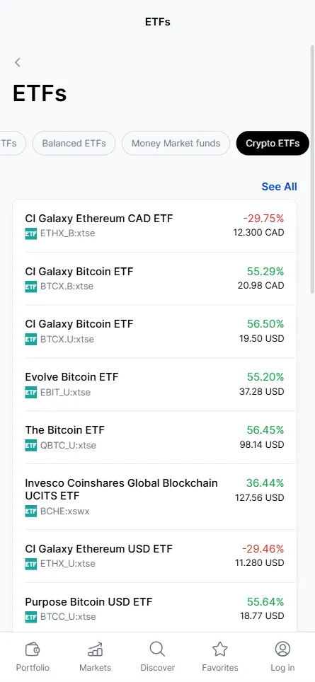 Mobile screen showing a list of crypto ETFs with names, one-year and one-day performance, prices, and currencies