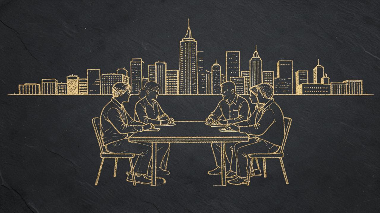 Operators at a table with a city skyline, hand-drawn gold line art