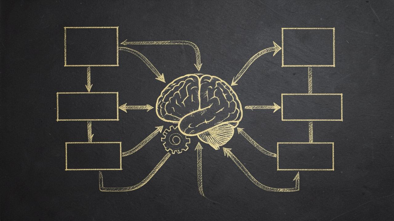 Brain diagram connected to workflow boxes, hand-drawn gold line art