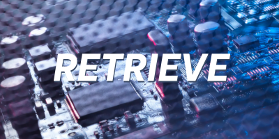 Close-up of electronic circuit board under a blue filter with the word 'RETRIEVE' overlaid in white bold letters.