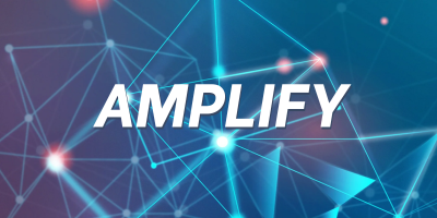 Network of glowing blue lines and nodes with the word AMPLIFY in bold white letters.