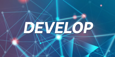 "DEVELOP" text overlay on a blue digital network background with glowing connection nodes.