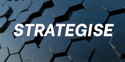 White bold text 'STRATEGISE' over a dark blue 3D hexagonal tile background.