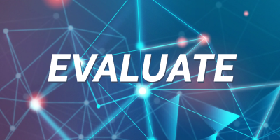 The word 'EVALUATE' in bold white letters over a blue digital network background with glowing nodes and connecting lines.