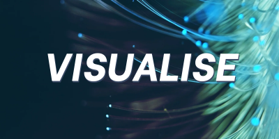 Word 'VISUALISE' in bold white letters over a dark abstract background with blue and green light trails.