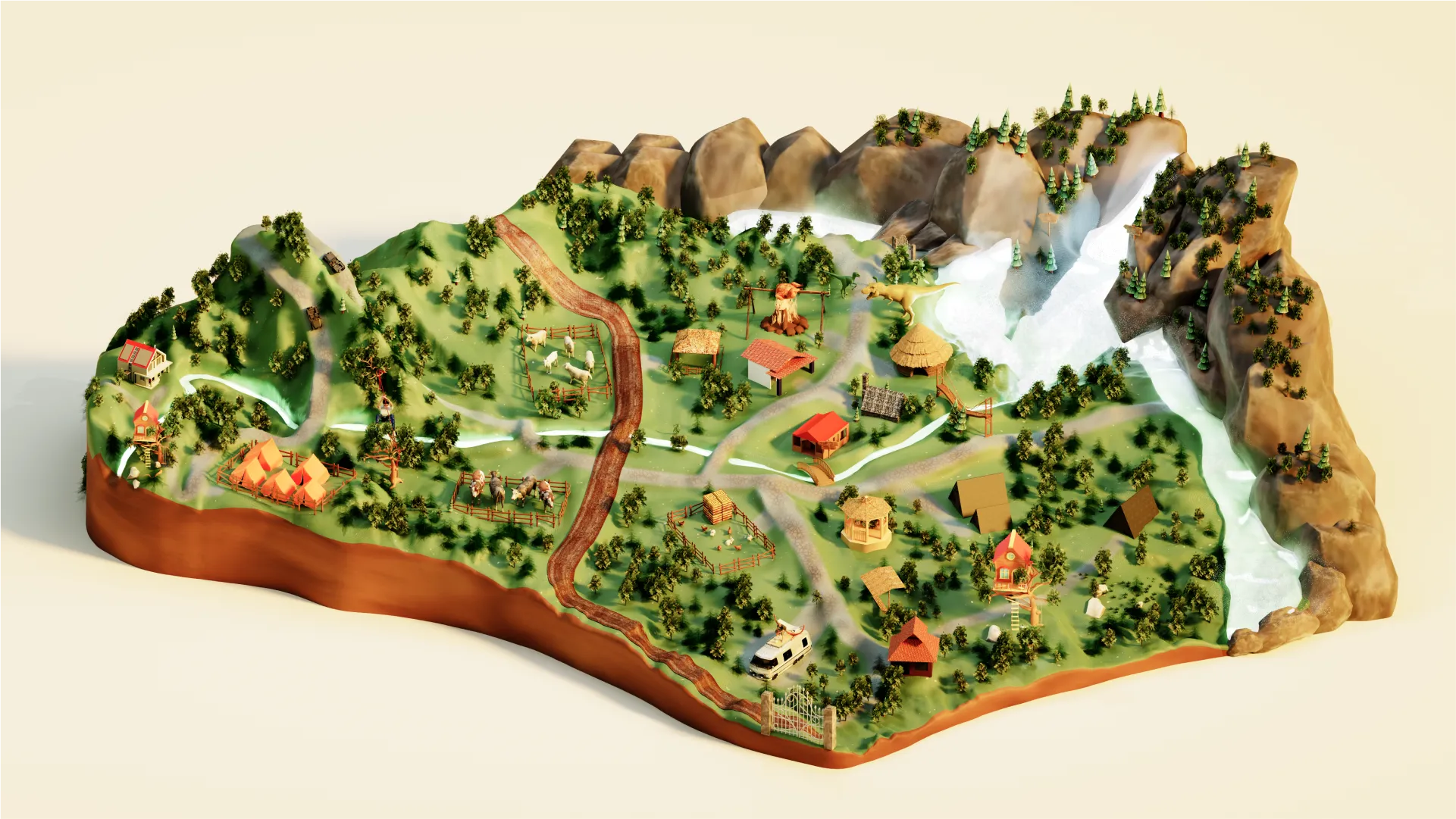 3D model for wayfinding at a holistic eco-stay resort in Kerala incorporating the terrain and all the amenities provided in the eco resort.