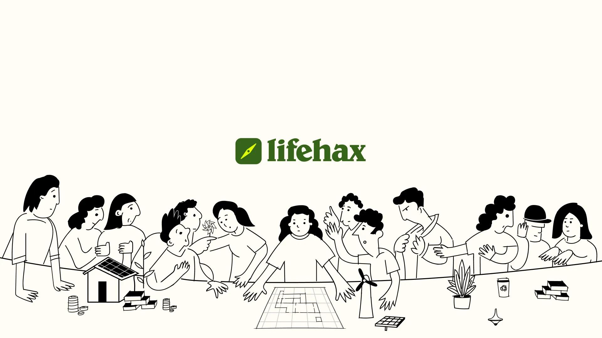 Cartoon-style 2D visualisation inspired by Da Vinci's The Last Supper, serving as a creative website design for Life Hax, a sustainability school by Decarb. The landing page stands as a testament to the blend of artistic inspiration and modern sustainability education.