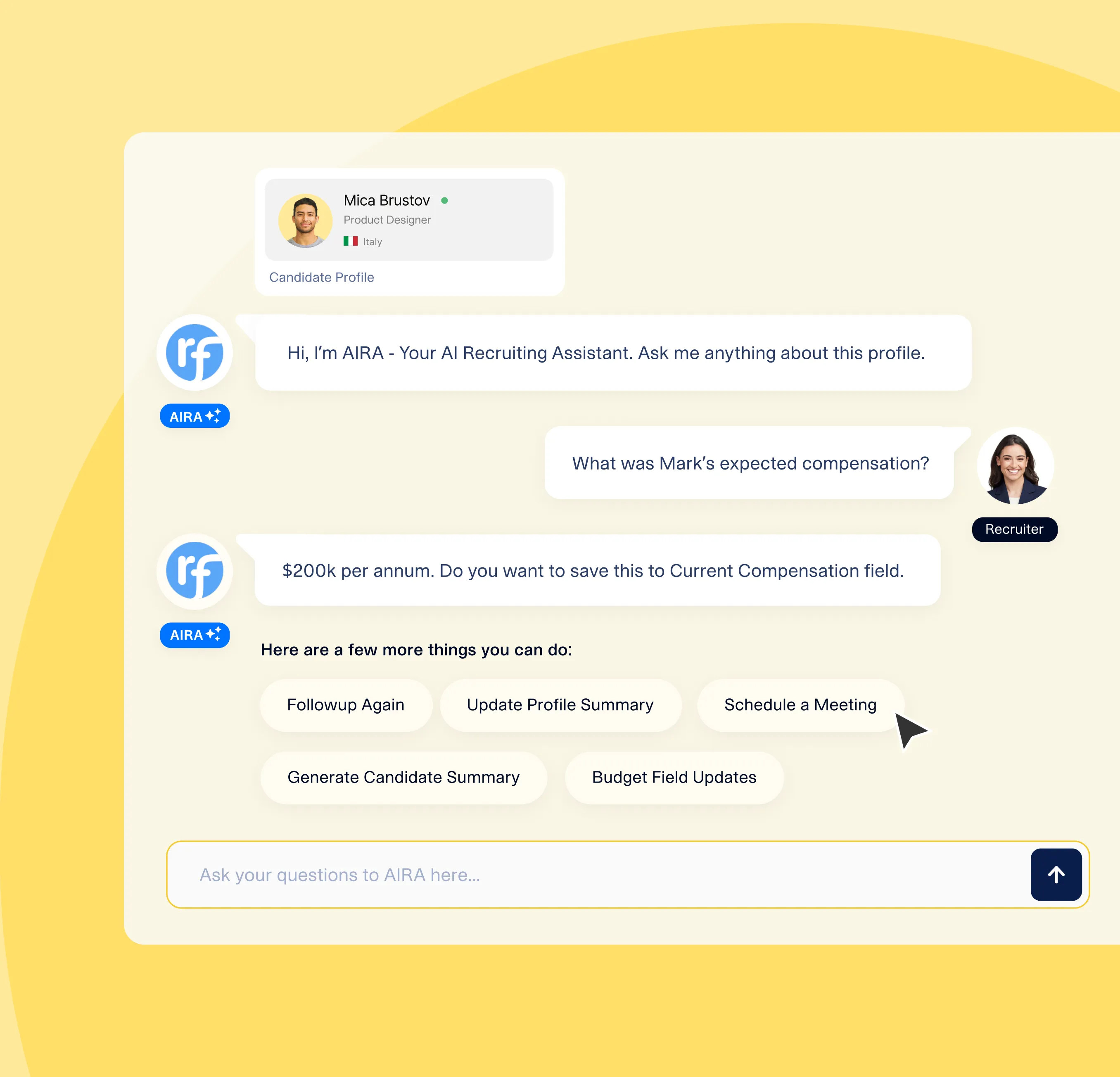 AI recruiting assistant interface displaying candidate profile and compensation question with action buttons for user options.
