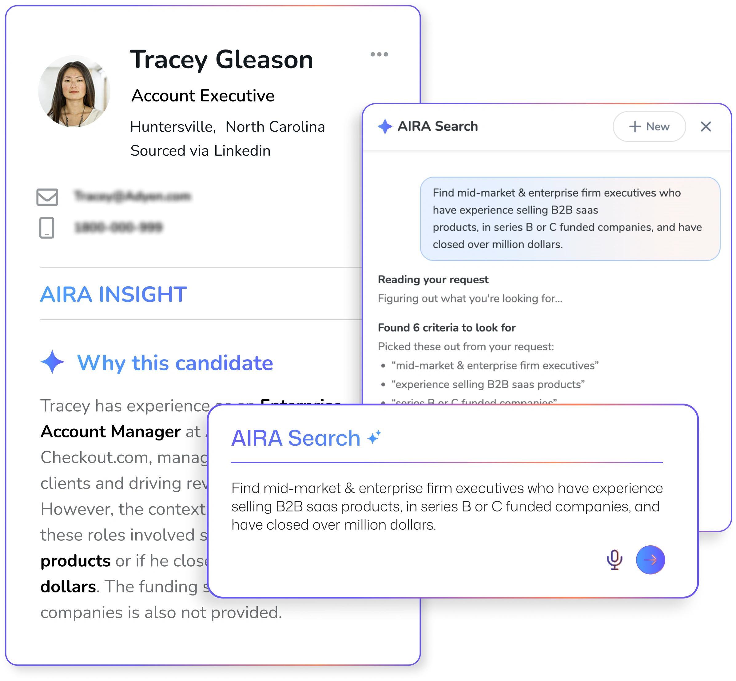 AIRA Search AI-native candidate research interface showing candidate matching and insights