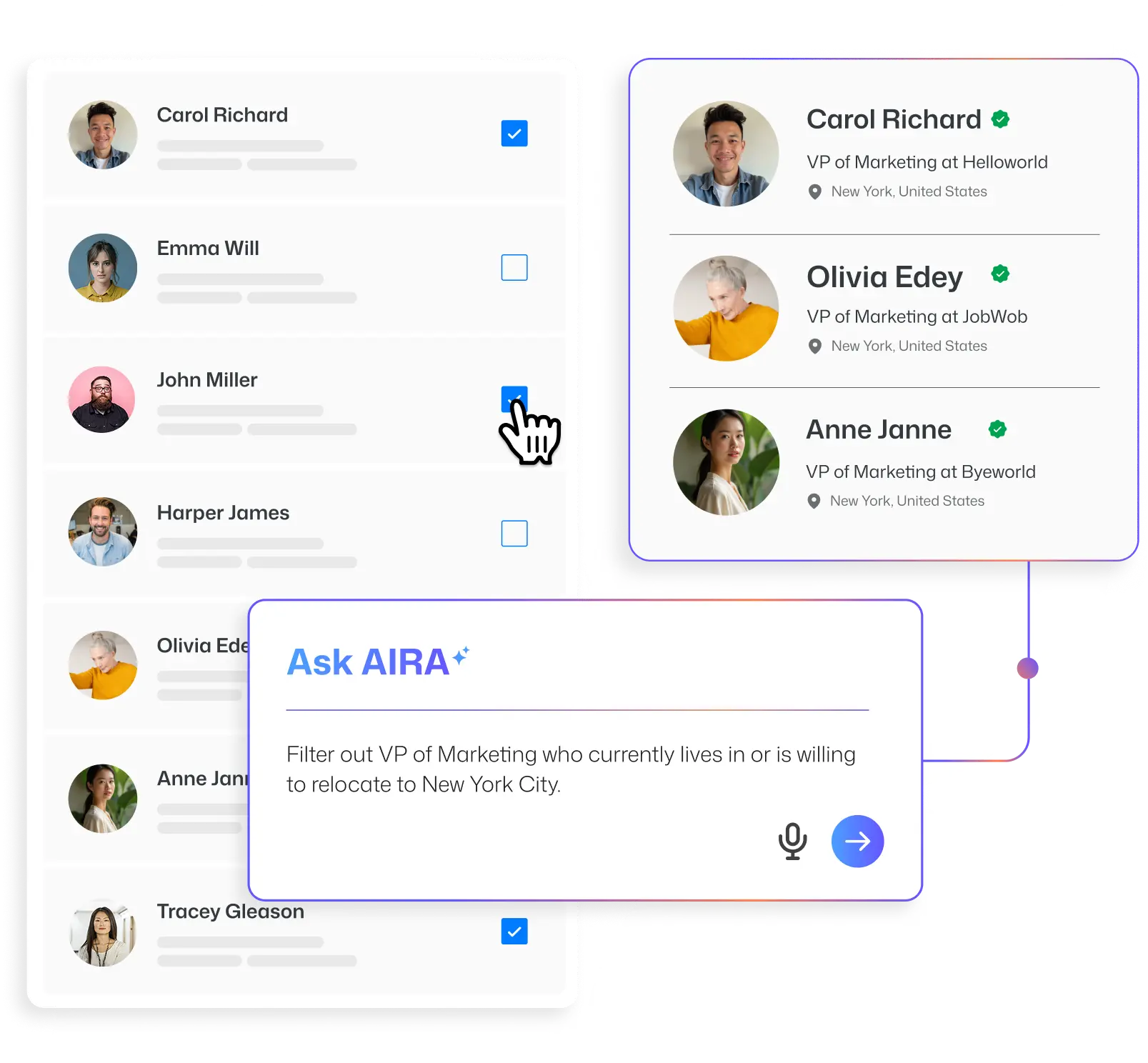 AIRA Search AI-native candidate research interface showing candidate matching and insights