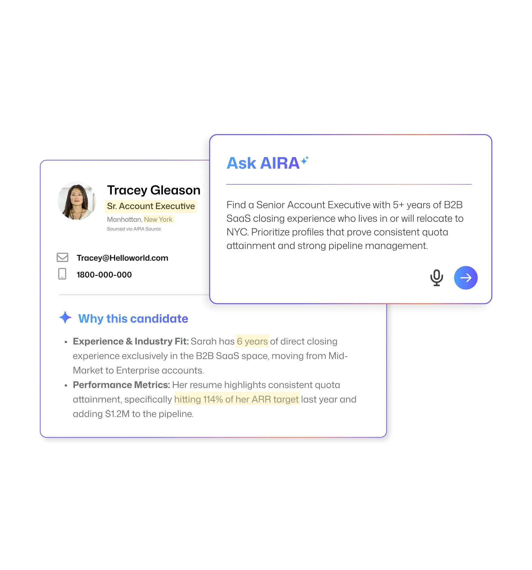 AIRA Search interface showing candidate shortlist explanation