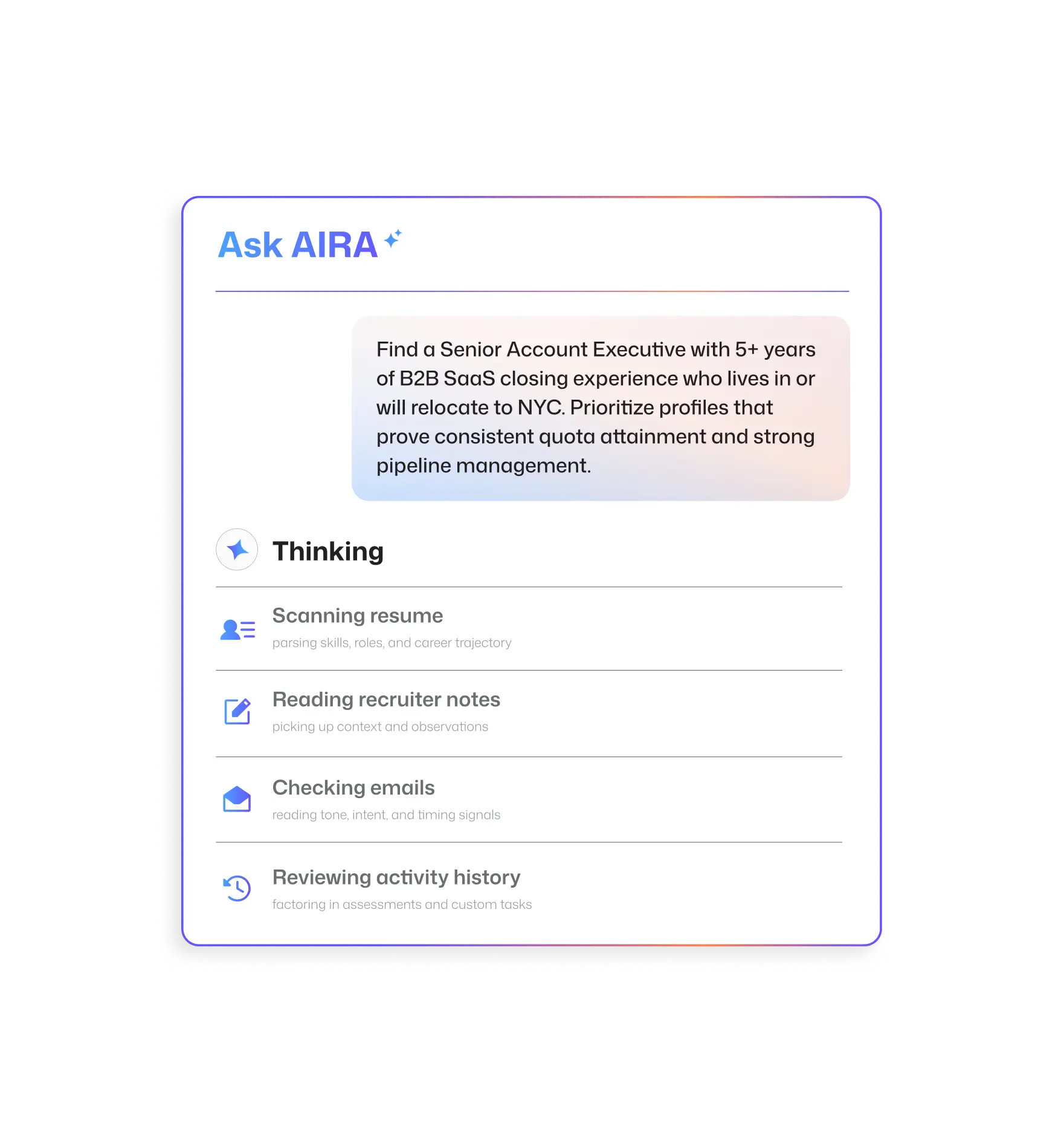 AIRA Search interface showing candidate shortlist explanation