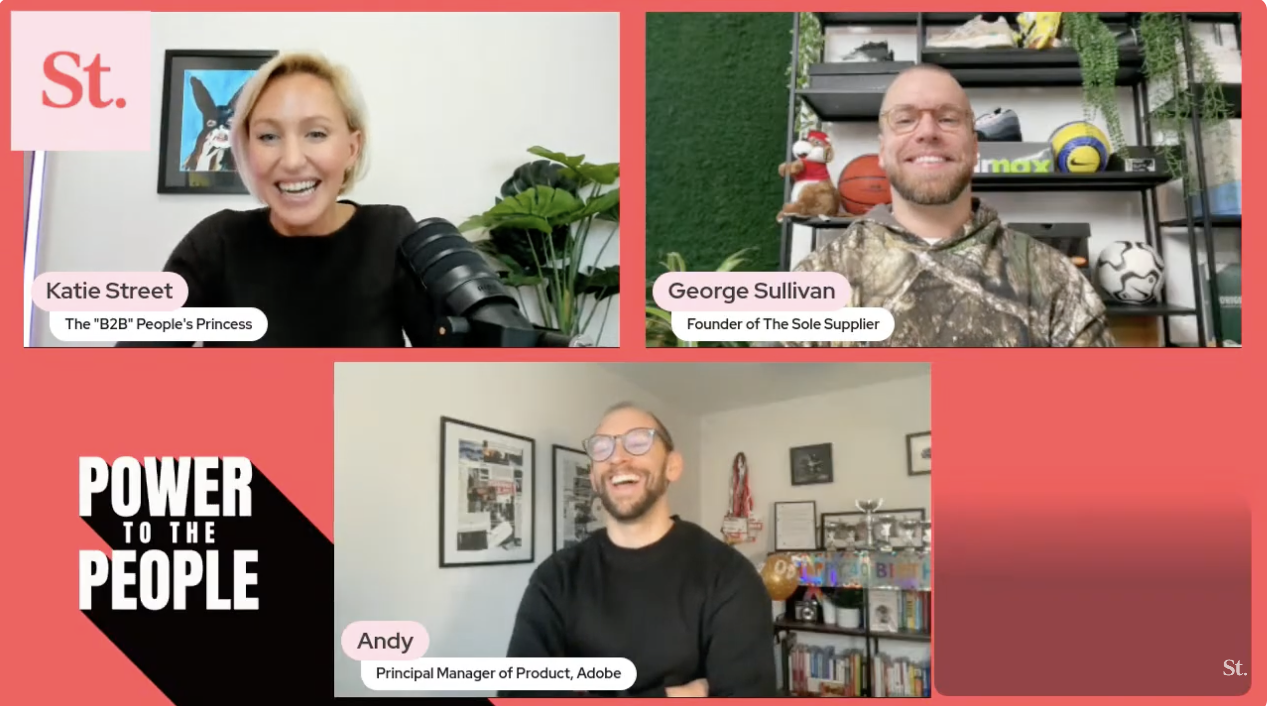 Screen shot of Katie Street, George Sullivan and Andy Lambert all laughing on the Power to the People LinkedIn Live