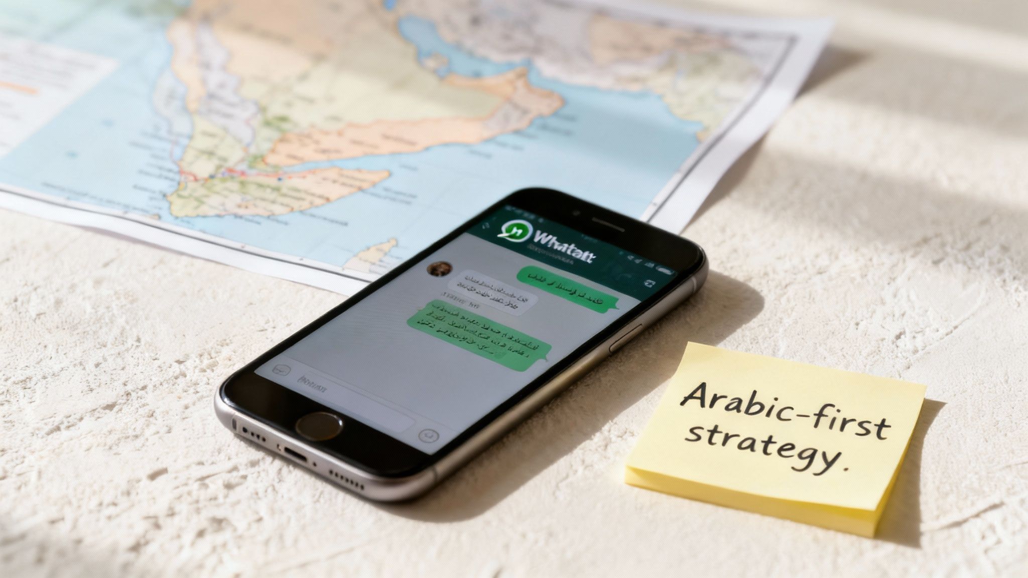 A smartphone displaying an Arabic chat app, next to a map and a note 'Arabic-first strategy'.