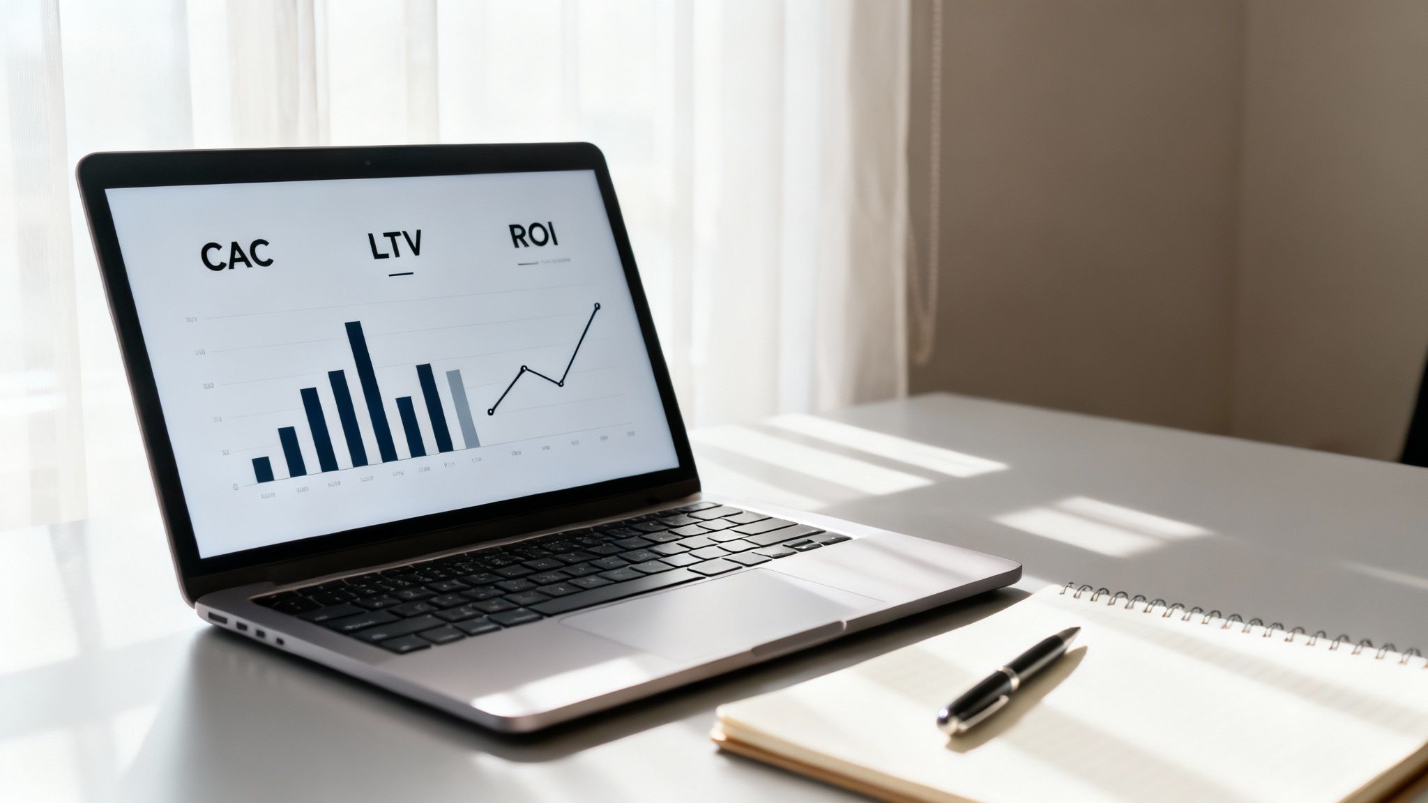A laptop screen displays business metrics like CAC, LTV, and ROI charts on a sunlit desk.