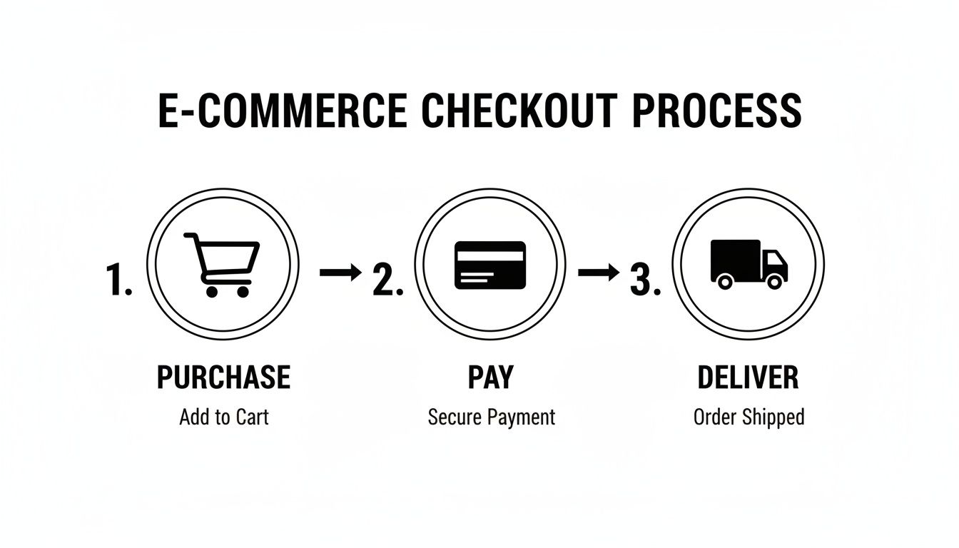 Infographic illustrating the sequential steps of an e-commerce checkout: purchase, payment, and delivery.